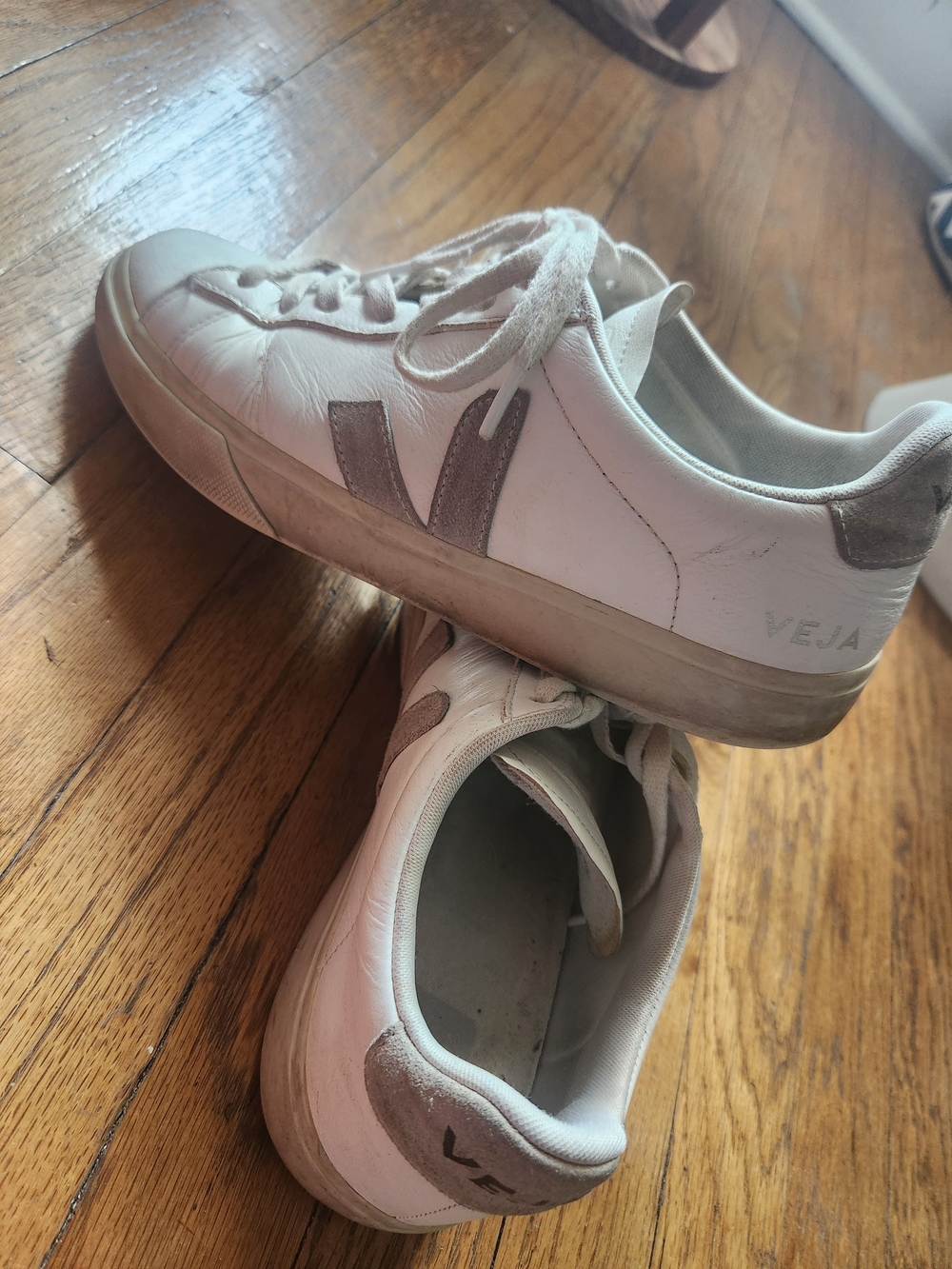 Veja White Leather Sneakers with Taupe Suede V Detail